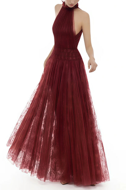 Amandine Red Halterneck Semi-sheer Maxi Dress
