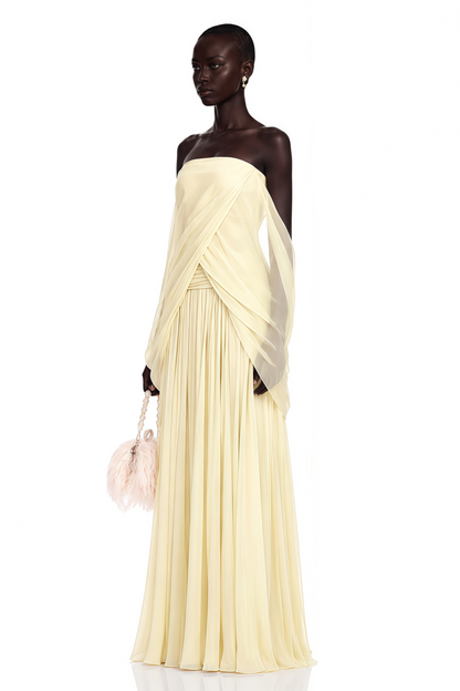 Morgan Pale Yellow Off Shoulder Ruched Maxi Dress