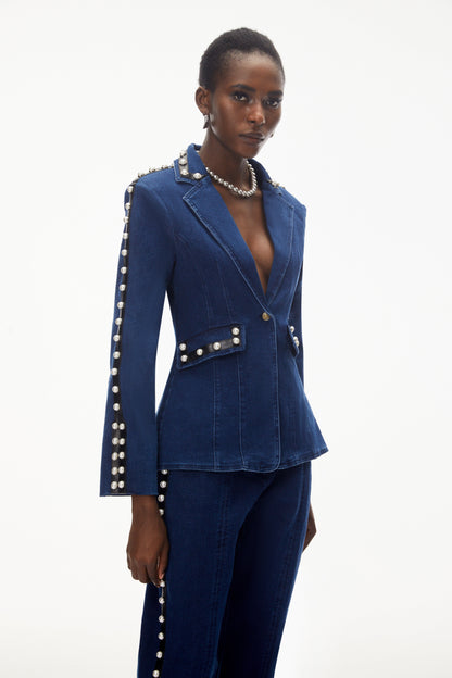 Morgause Blue Embellished Denim Jacket & Trouser Set