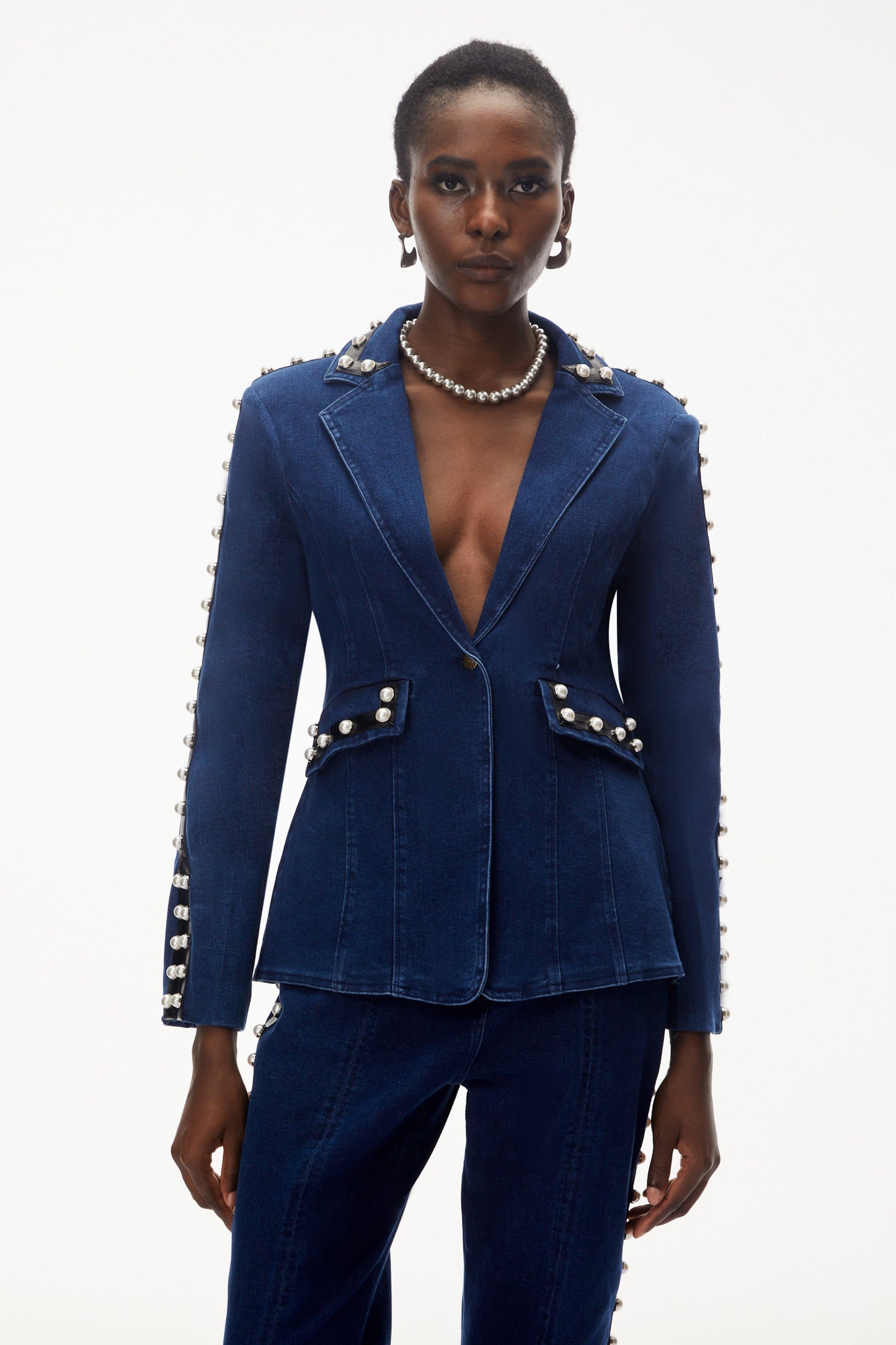 Morgause Blue Embellished Denim Jacket & Trouser Set