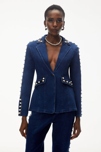 Morgause Blue Embellished Denim Jacket & Trouser Set