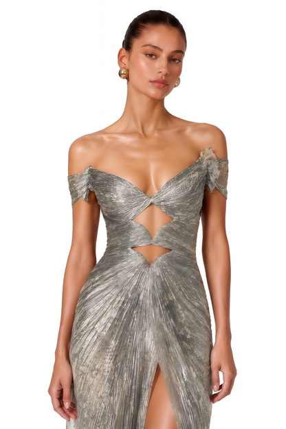 Muriel Silver Grey Ruched Maxi Dress with Cut-Out