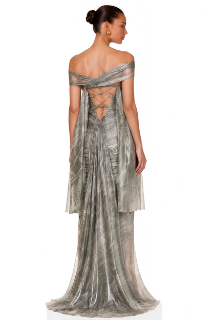 Muriel Silver Grey Ruched Maxi Dress with Cut-Out