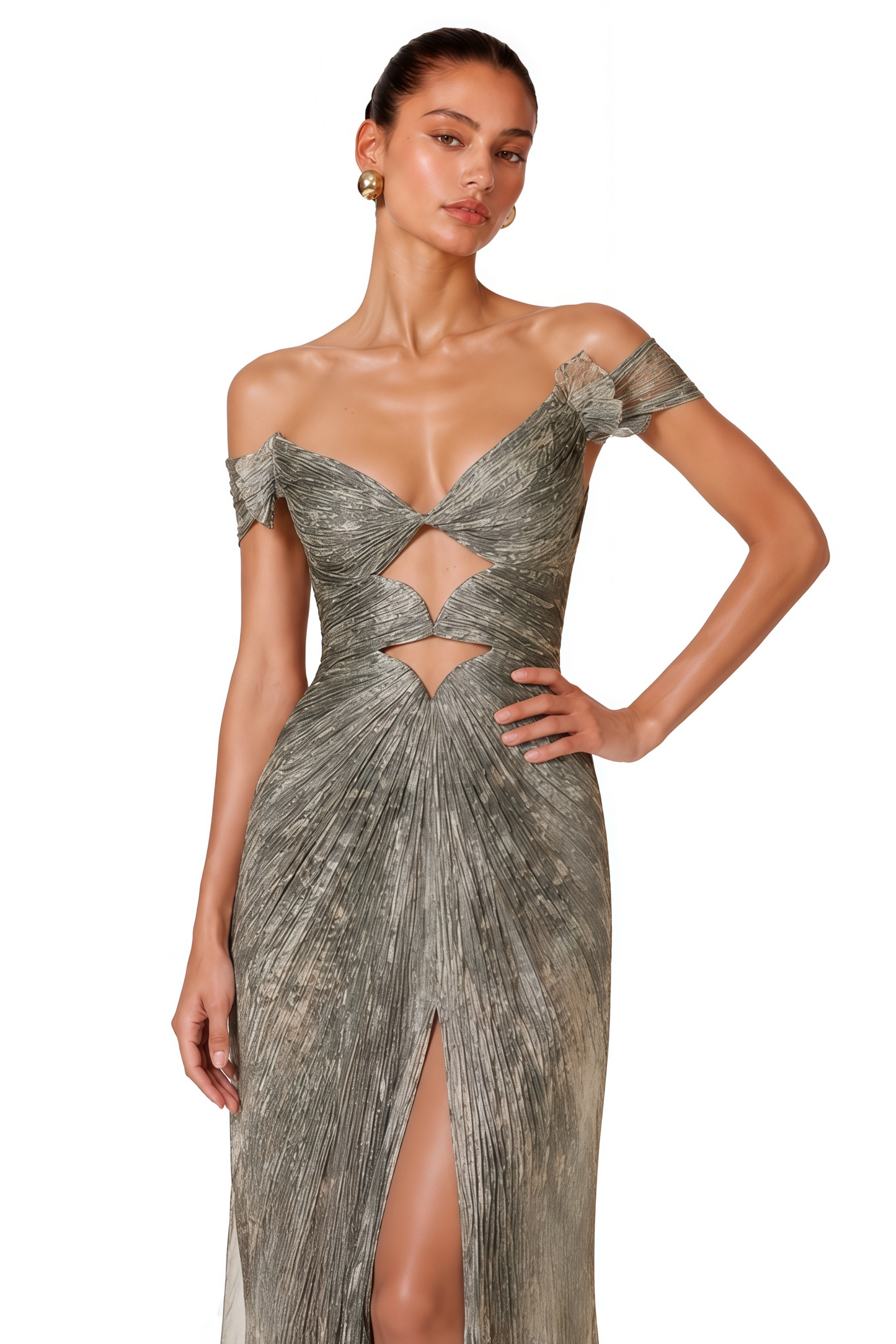 Muriel Silver Grey Ruched Maxi Dress with Cut-Out