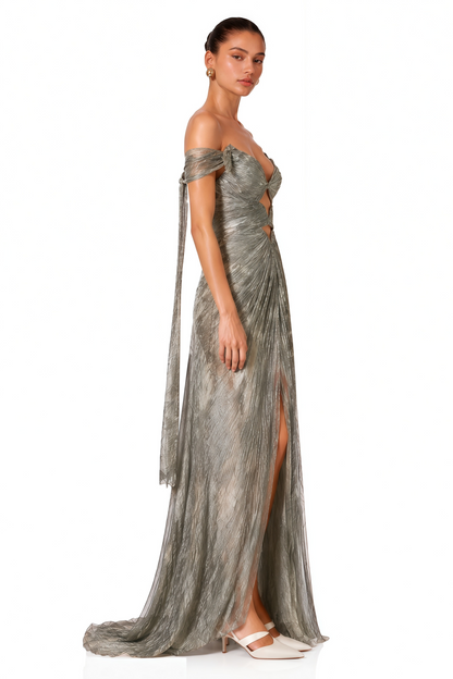 Muriel Silver Grey Ruched Maxi Dress with Cut-Out