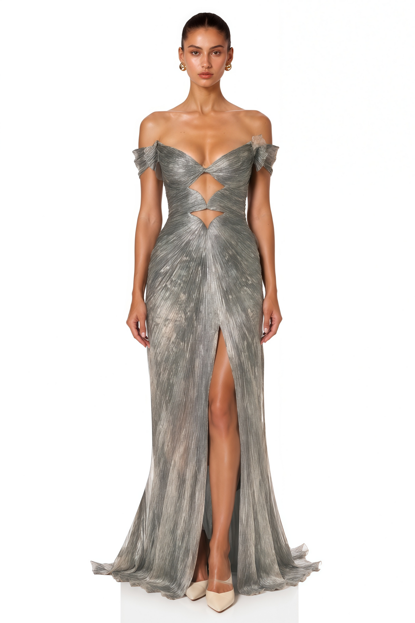 Muriel Silver Grey Ruched Maxi Dress with Cut-Out