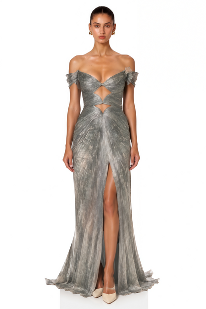 Muriel Silver Grey Ruched Maxi Dress with Cut-Out