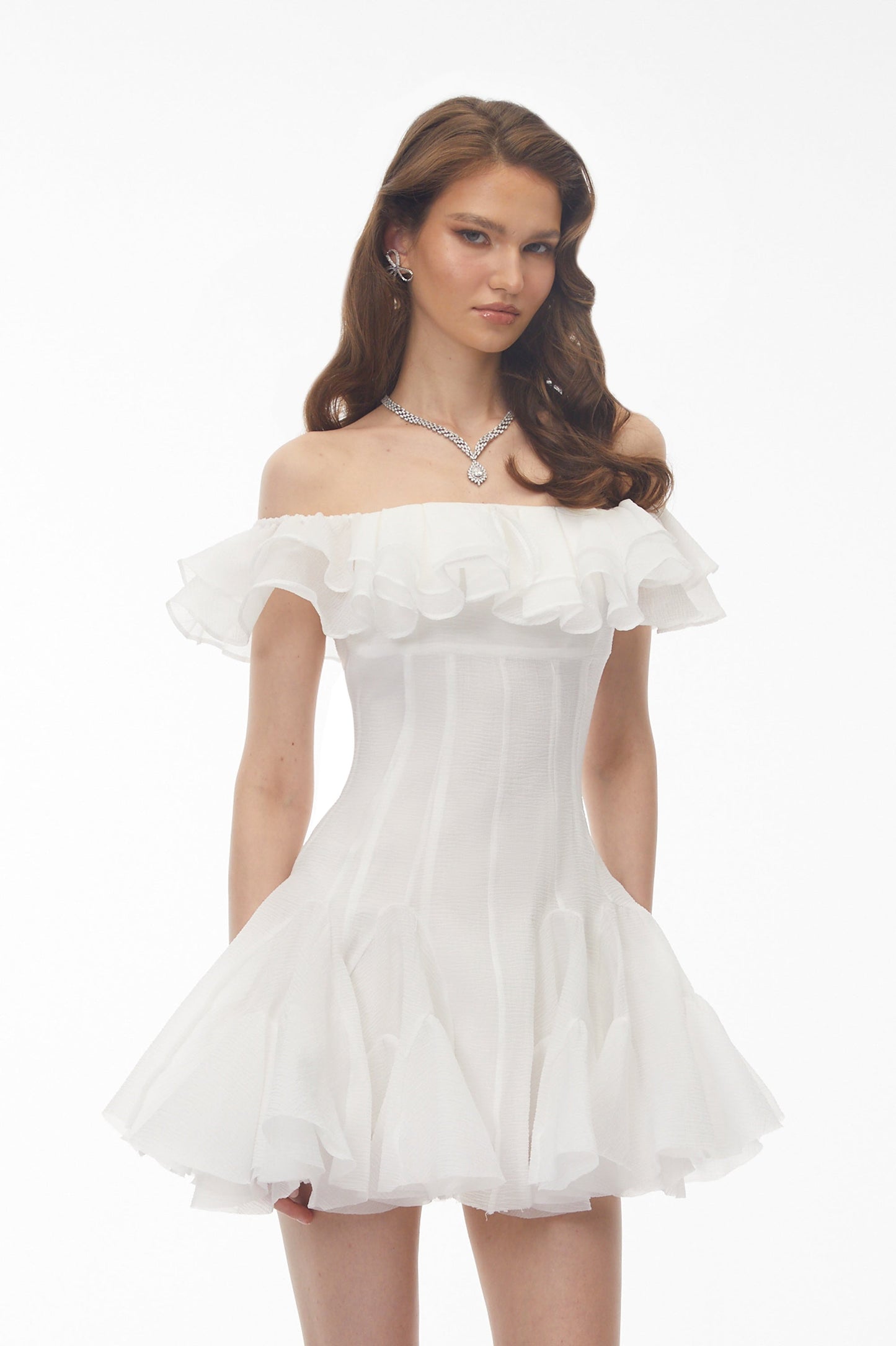 Muriel White Off Shoulder Ruched Mini Dress