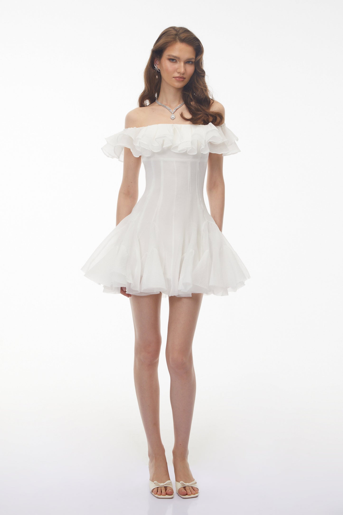 Muriel White Off Shoulder Ruched Mini Dress