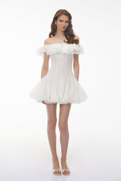 Muriel White Off Shoulder Ruched Mini Dress