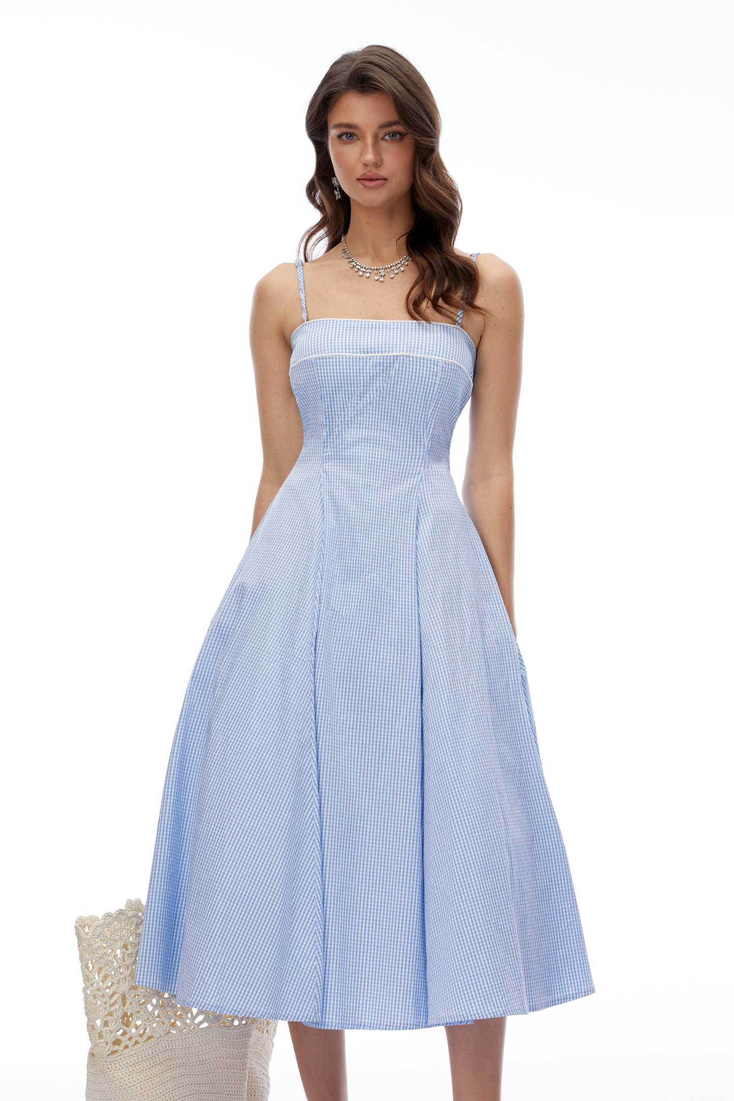 Myrtle Blue Square Neck Plaid Midi Dress