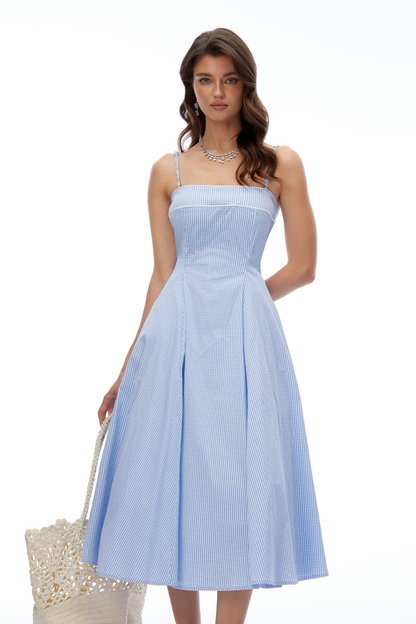 Myrtle Blue Square Neck Plaid Midi Dress