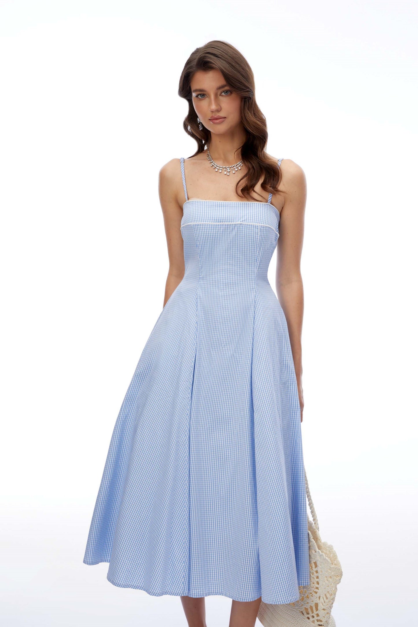 Myrtle Blue Square Neck Plaid Midi Dress