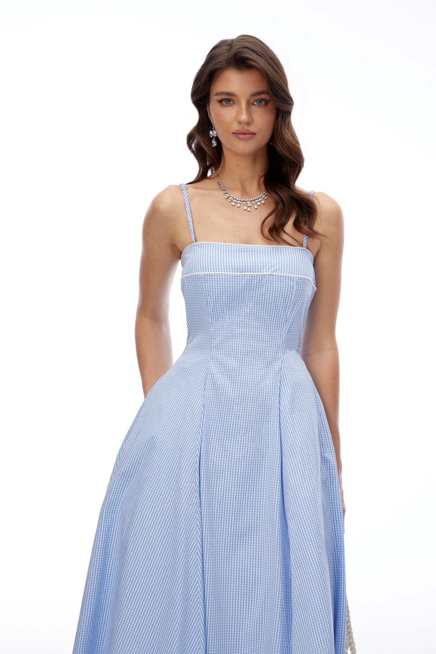 Myrtle Blue Square Neck Plaid Midi Dress