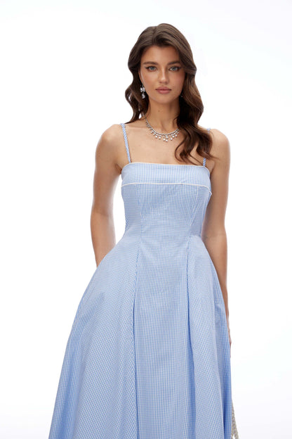 Myrtle Blue Square Neck Plaid Midi Dress