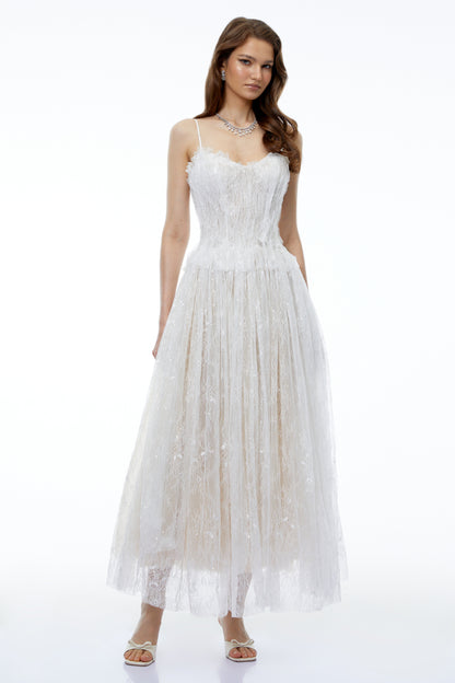 Nadir White Pleated Lace Maxi Dress