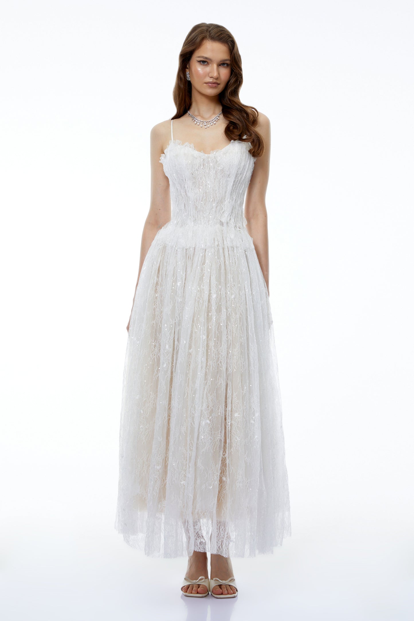Nadir White Pleated Lace Maxi Dress