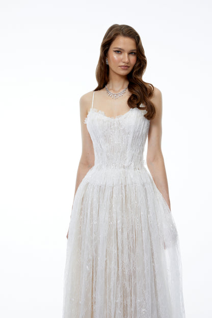 Nadir White Pleated Lace Maxi Dress
