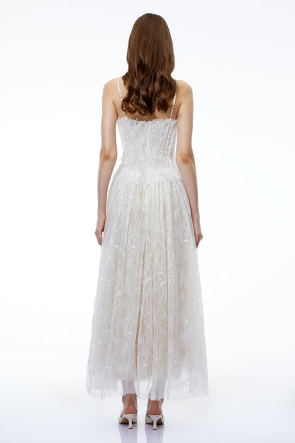 Nadir White Pleated Lace Maxi Dress