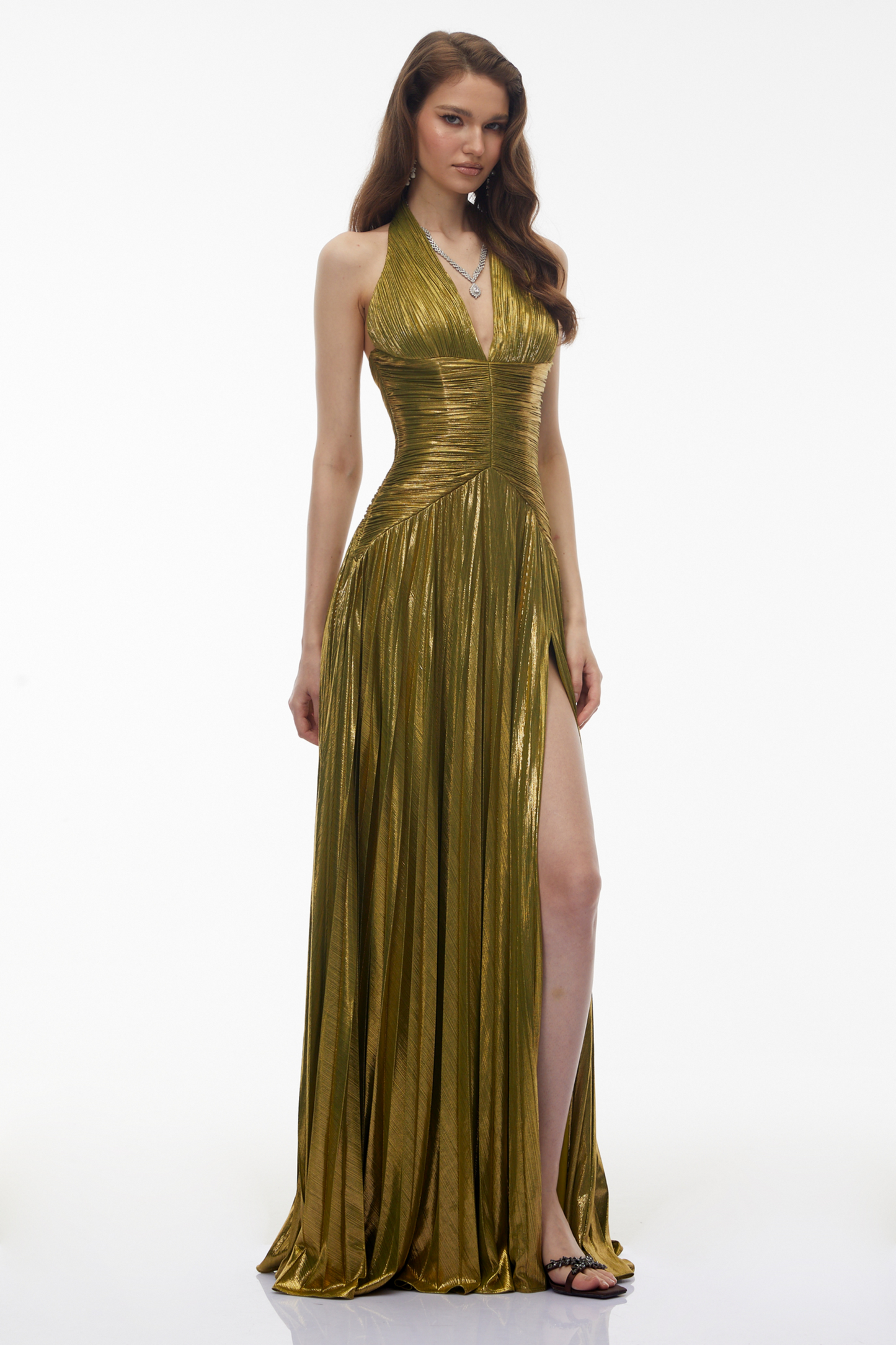 Nadya Olive Green Halterneck Ruched Maxi Dress