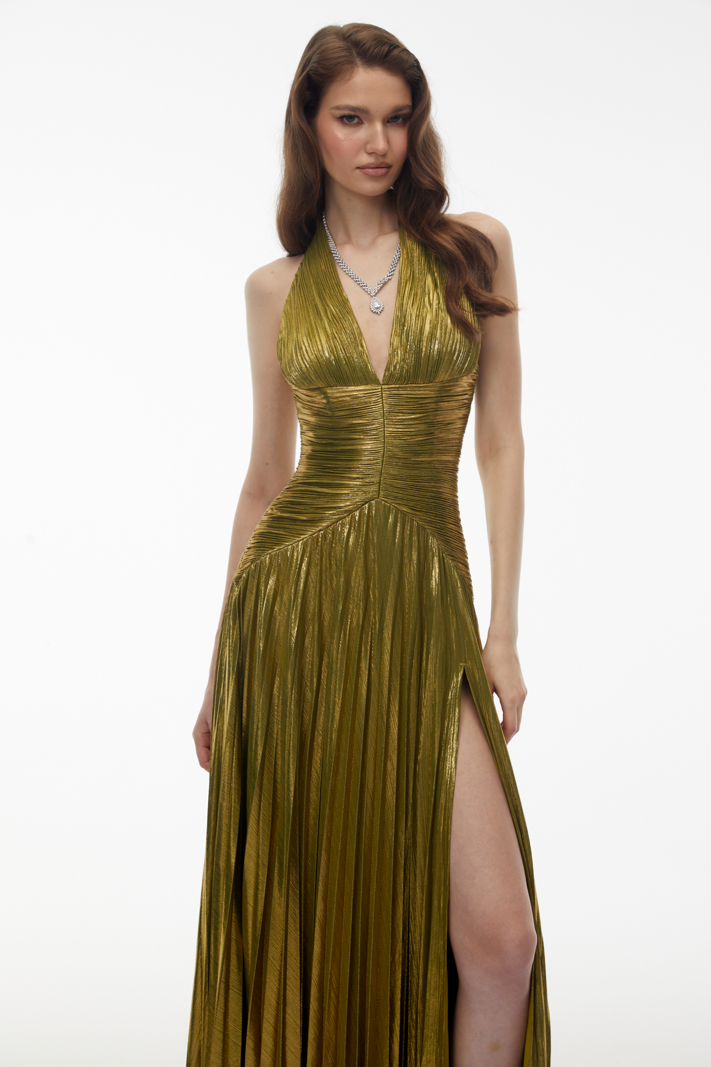 Nadya Olive Green Halterneck Ruched Maxi Dress