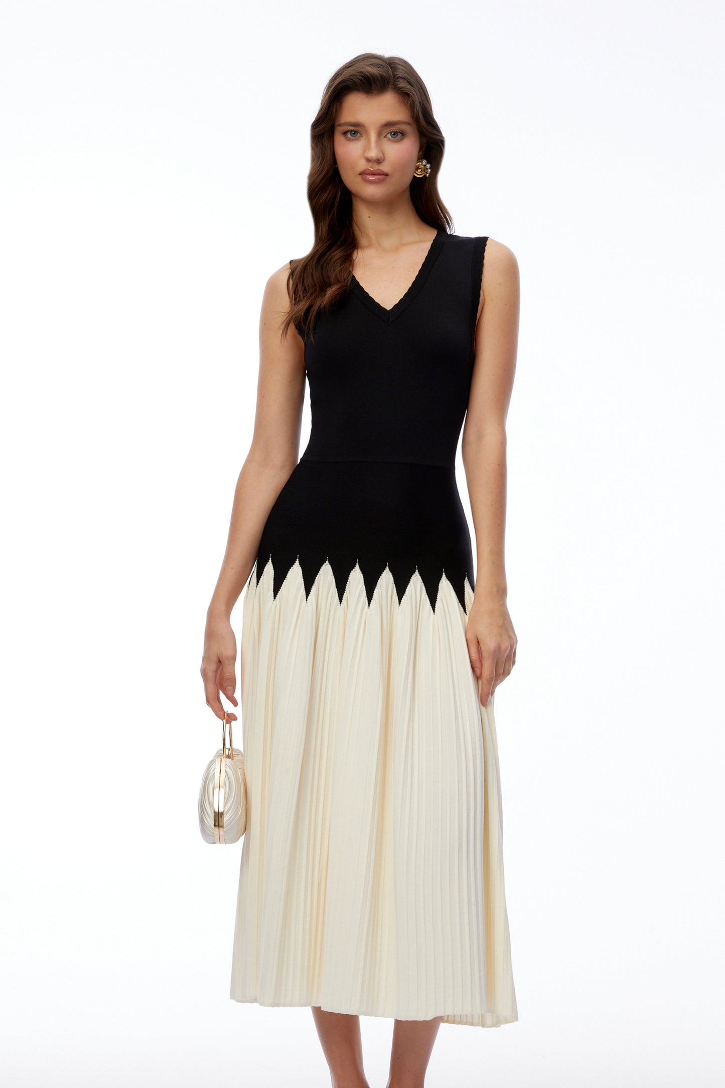Nancy Black Color Block Pleated Midi Dress