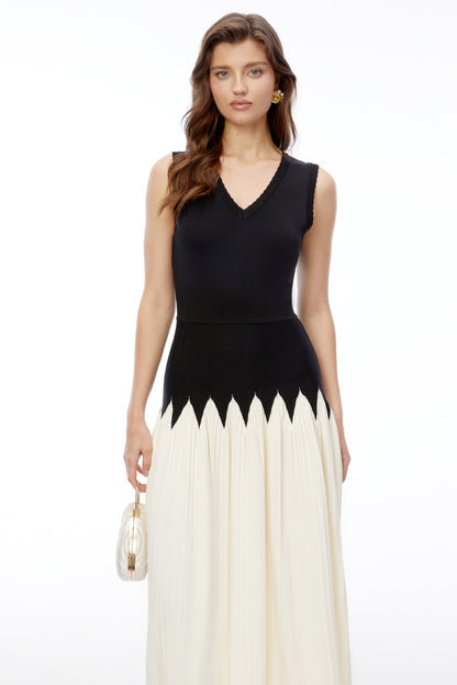 Nancy Black Color Block Pleated Midi Dress
