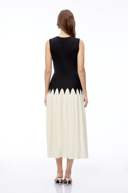 Nancy Black Color Block Pleated Midi Dress
