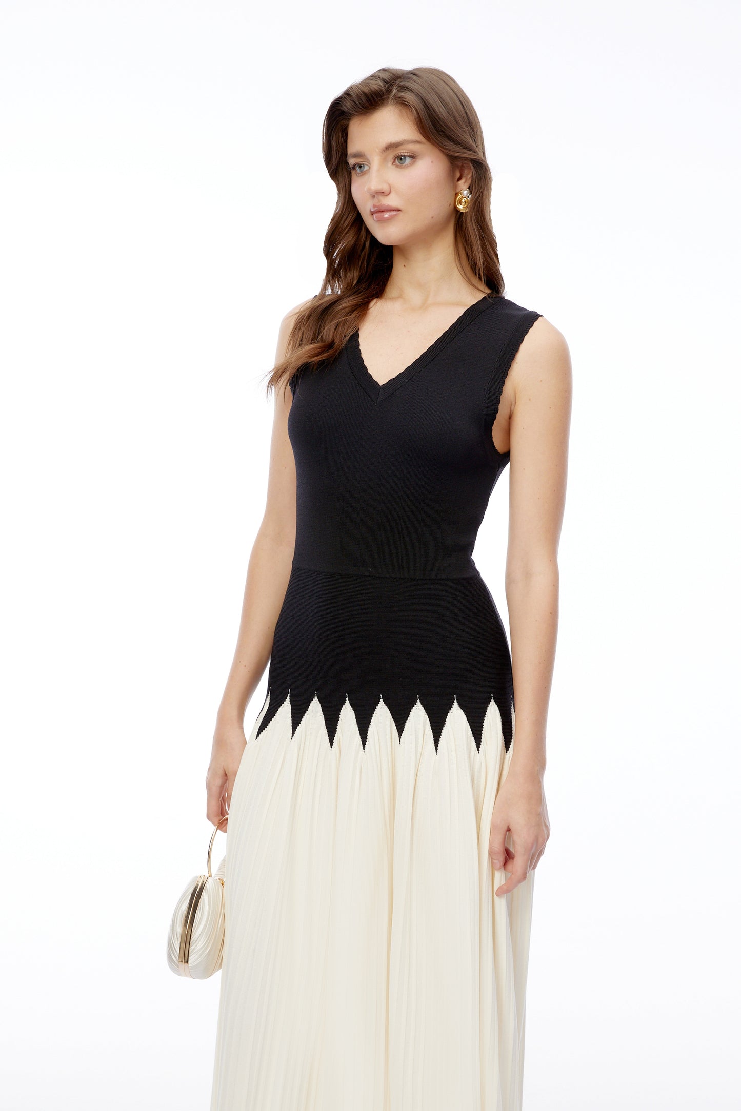 Nancy Black Color Block Pleated Midi Dress