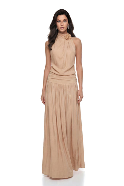Narcissa Champagne Halterneck Ruched Maxi Dress