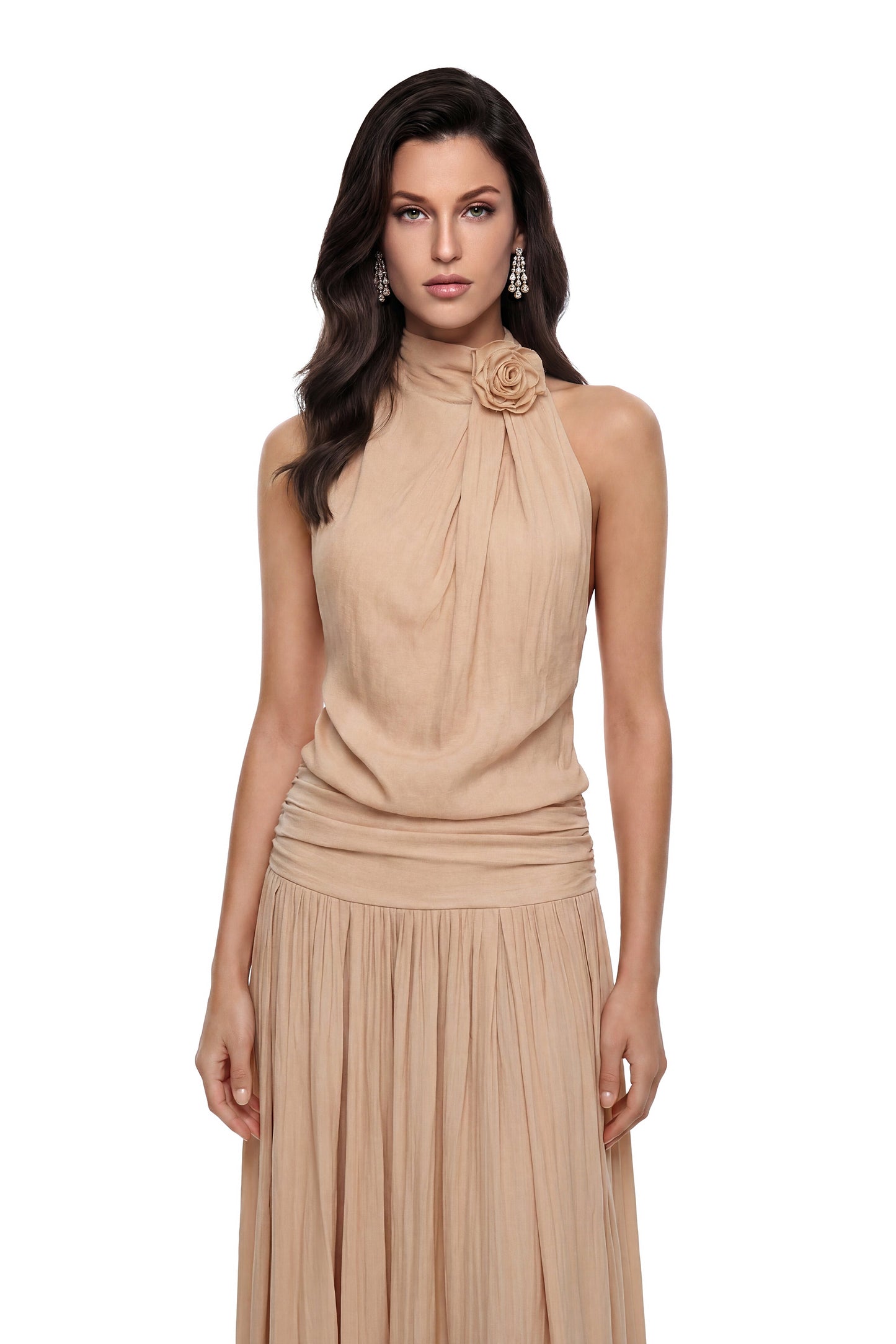 Narcissa Champagne Halterneck Ruched Maxi Dress