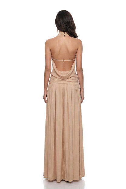Narcissa Champagne Halterneck Ruched Maxi Dress