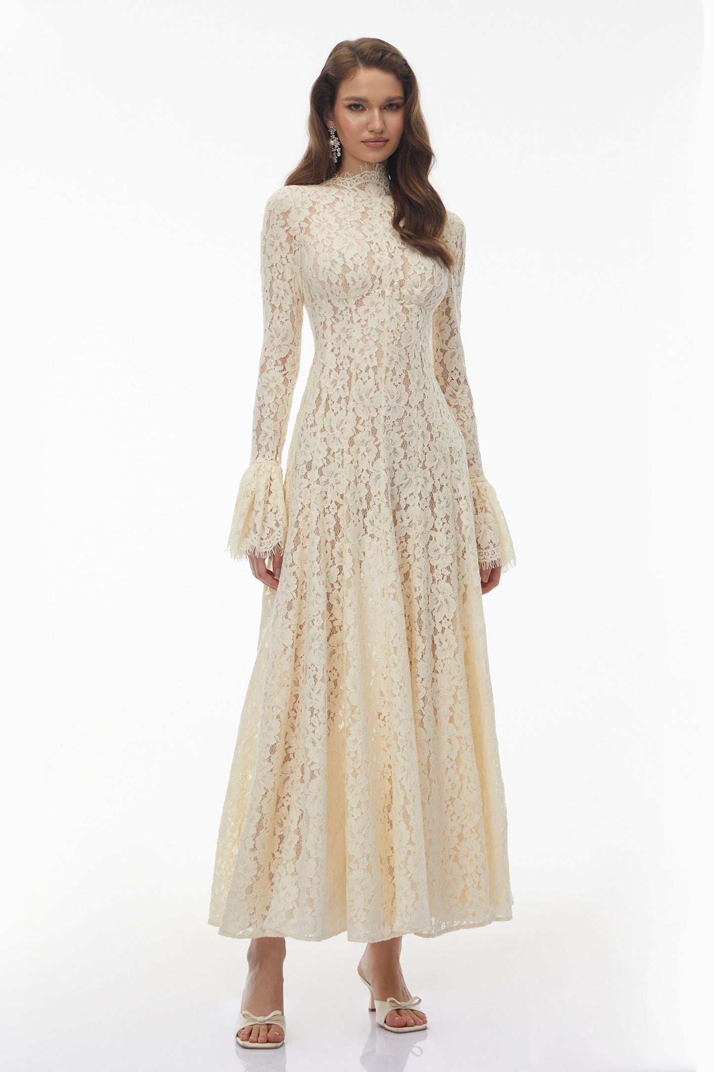 Nasrin White Mock Neck Floral Lace Maxi Dress