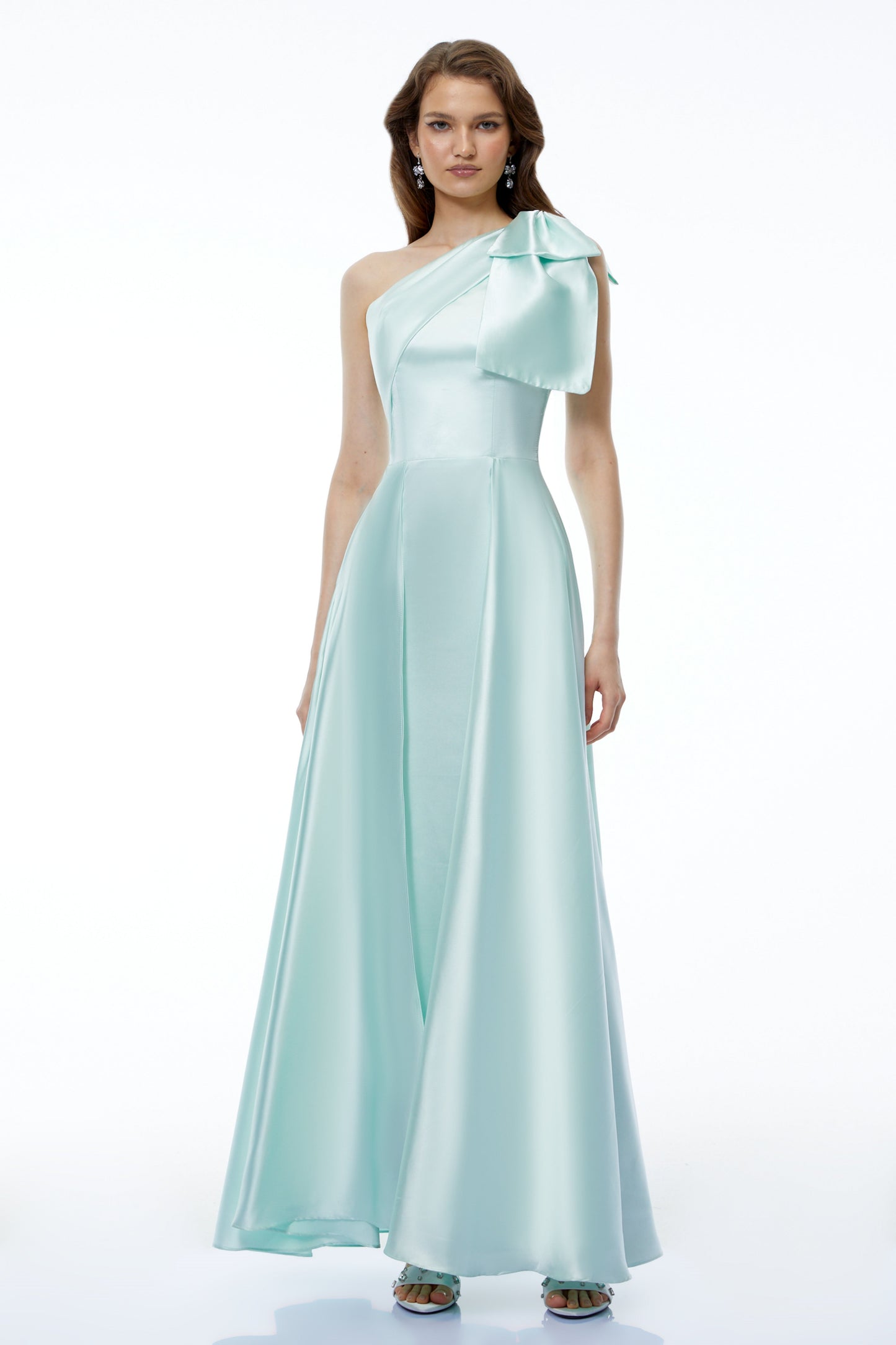 Natalia Green One Shoulder Ruched Maxi Dress with Bow
