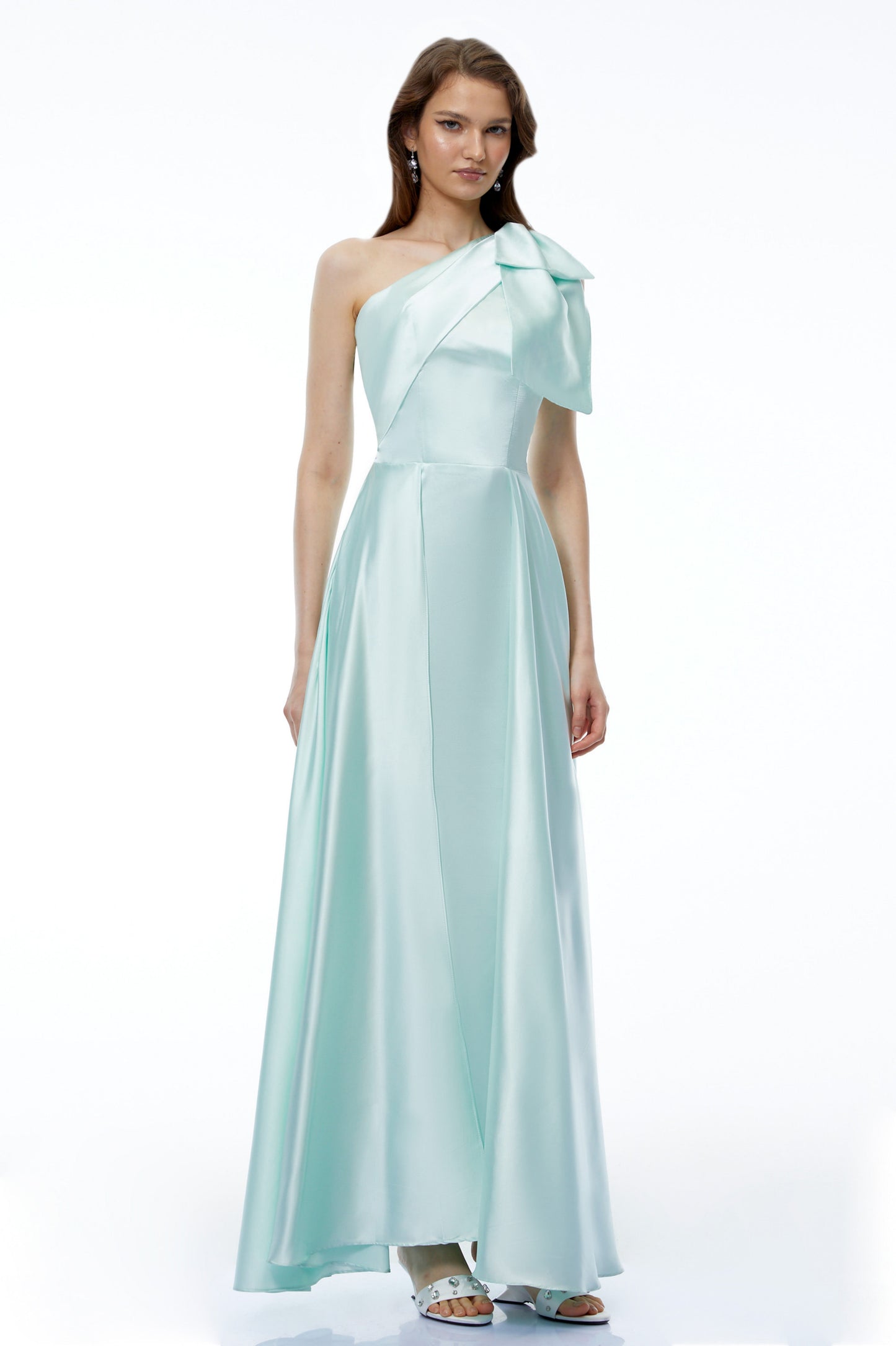 Natalia Green One Shoulder Ruched Maxi Dress with Bow