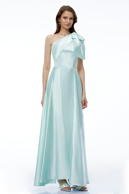 Natalia Green One Shoulder Ruched Maxi Dress with Bow