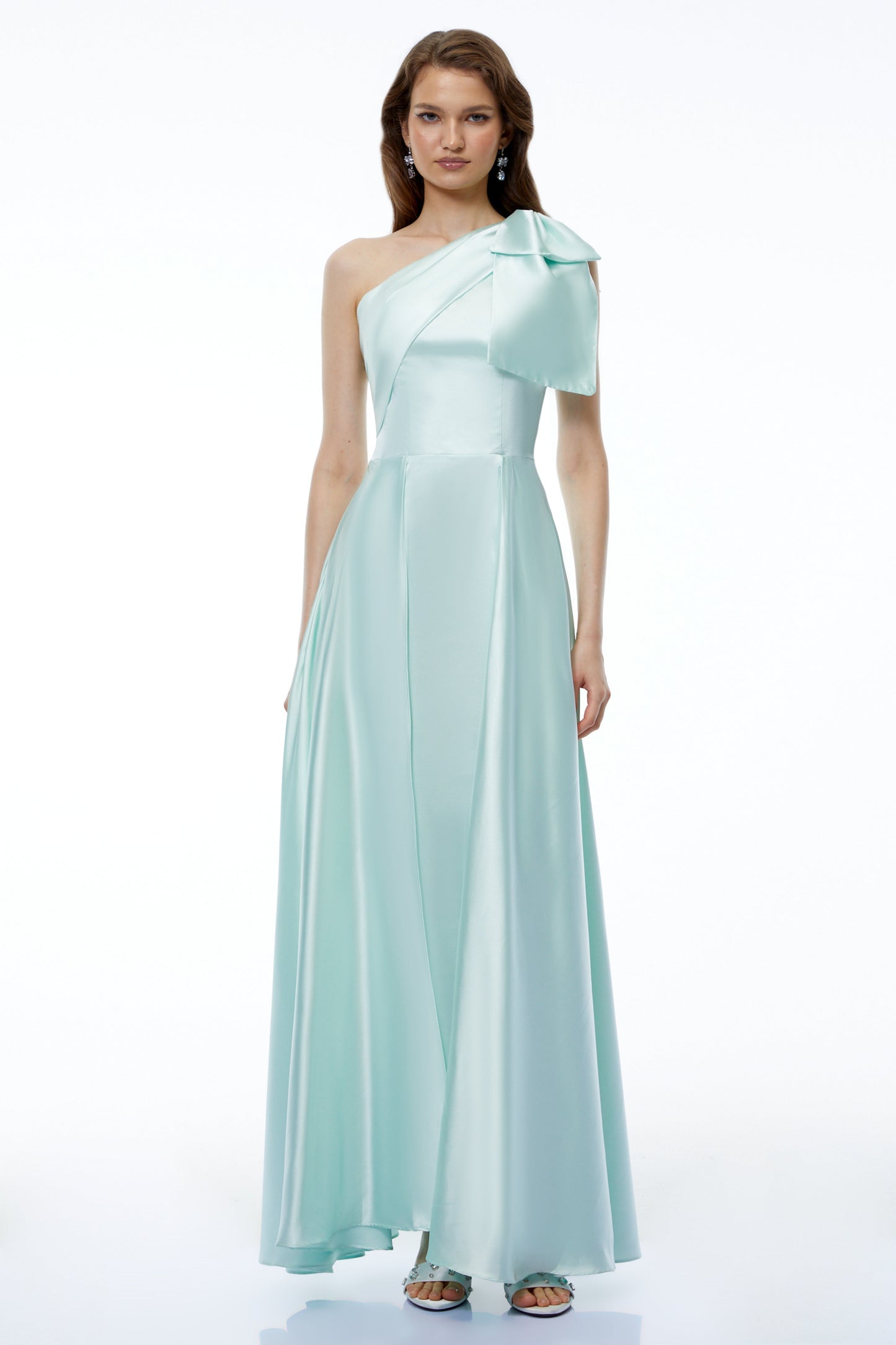 Natalia Green One Shoulder Ruched Maxi Dress with Bow