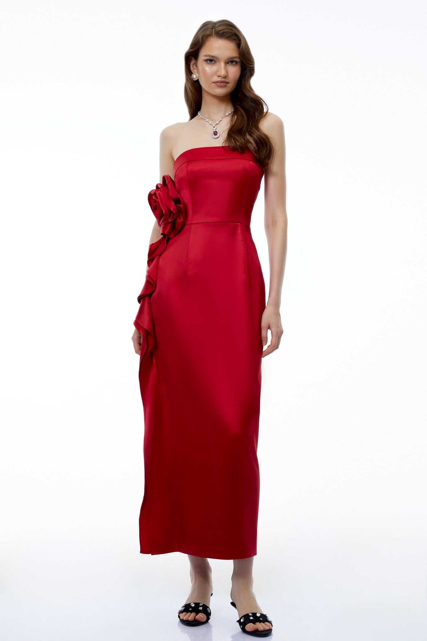 Natalia Red Off Shoulder Maxi Dress with Side 3D Florals