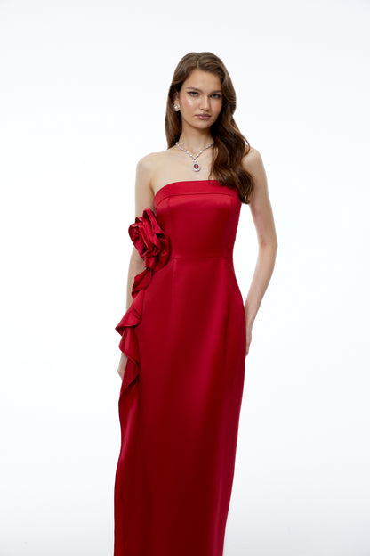 Natalia Red Off Shoulder Maxi Dress with Side 3D Florals