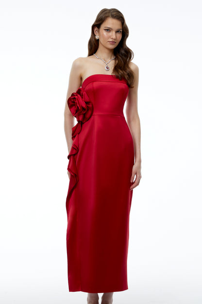 Natalia Red Off Shoulder Maxi Dress with Side 3D Florals