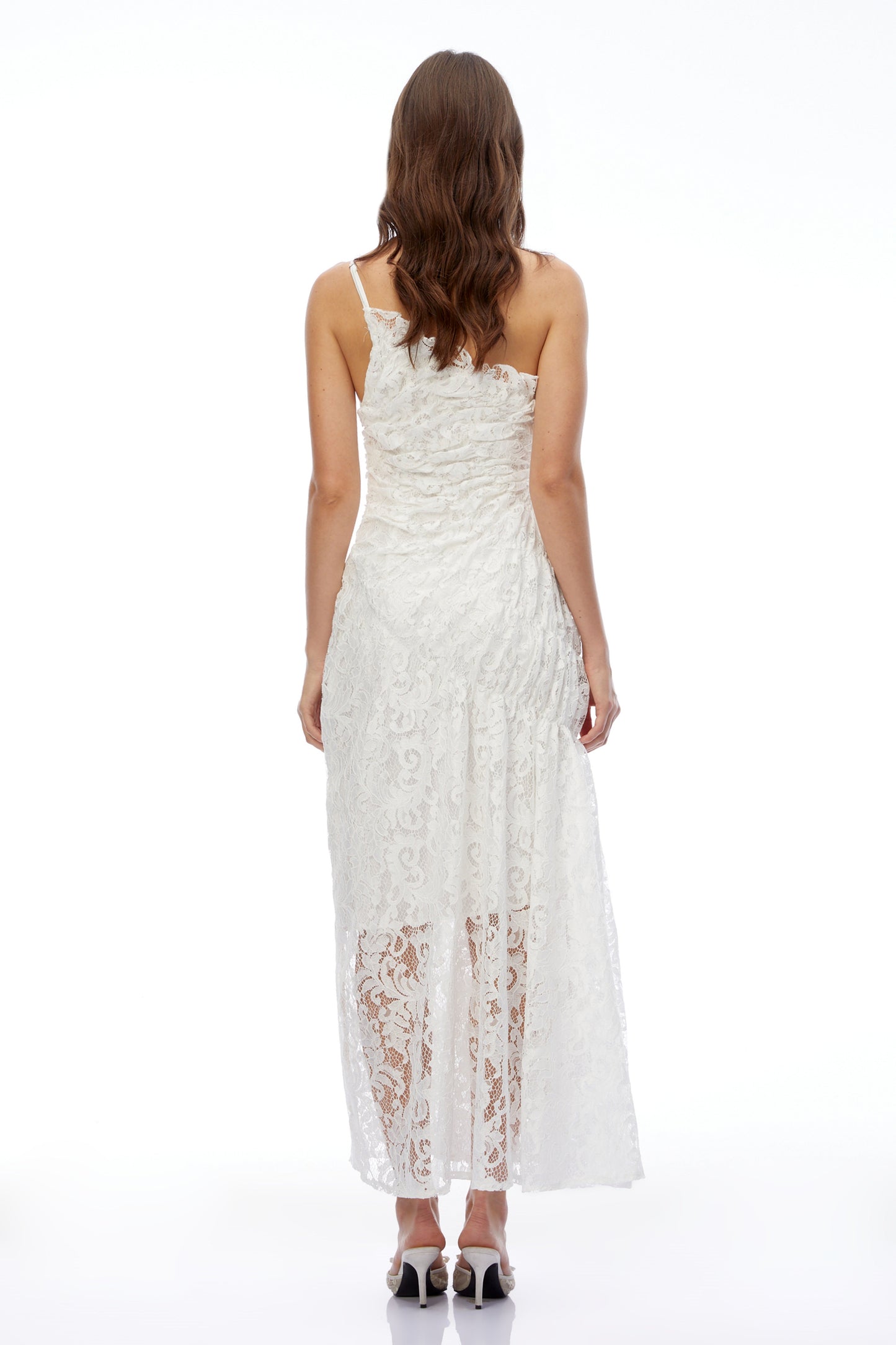 Nathalie White Floral Lace Ruched Maxi Dress