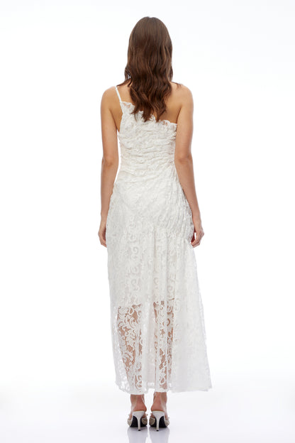 Nathalie White Floral Lace Ruched Maxi Dress