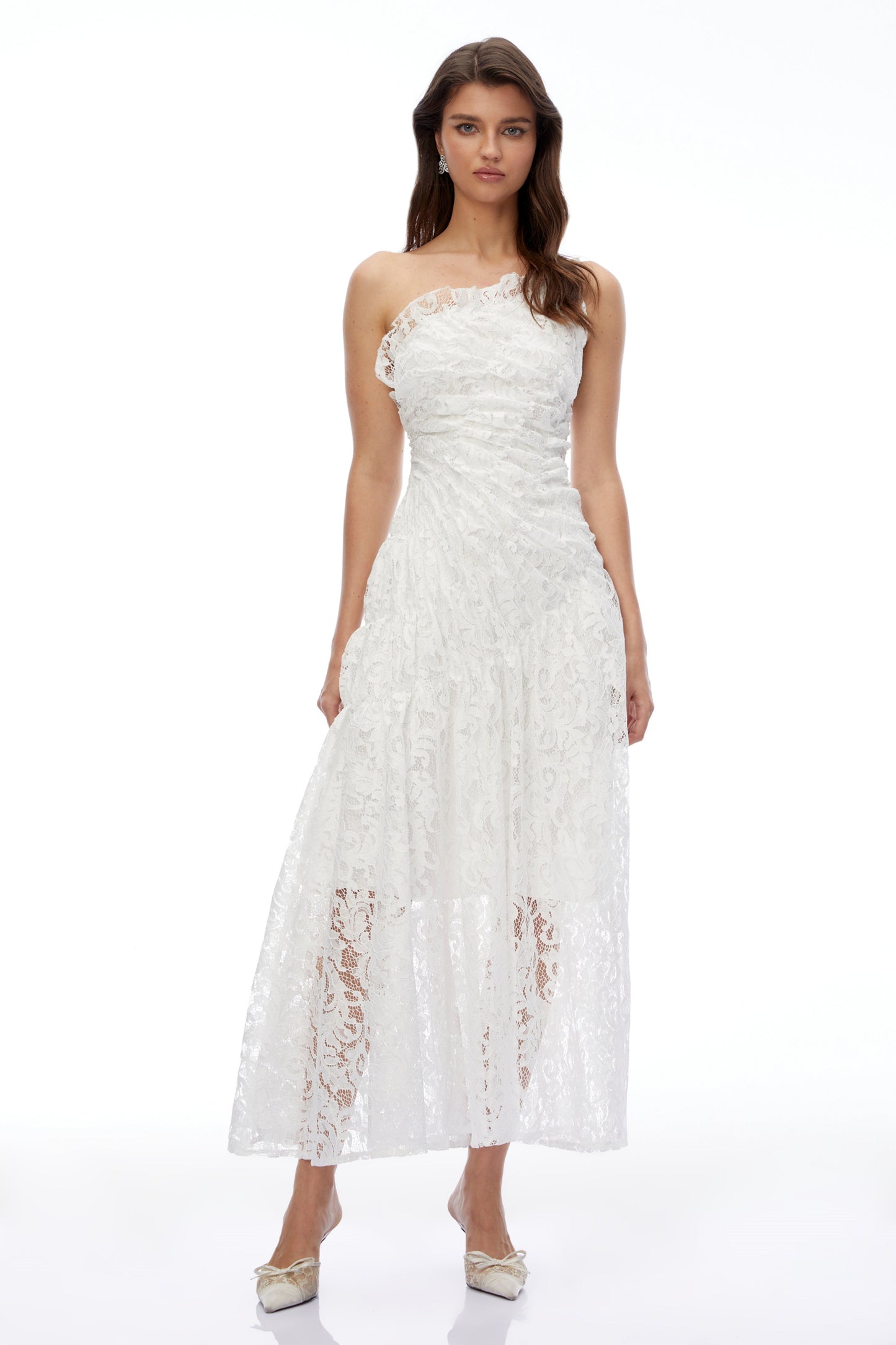 Nathalie White Floral Lace Ruched Maxi Dress