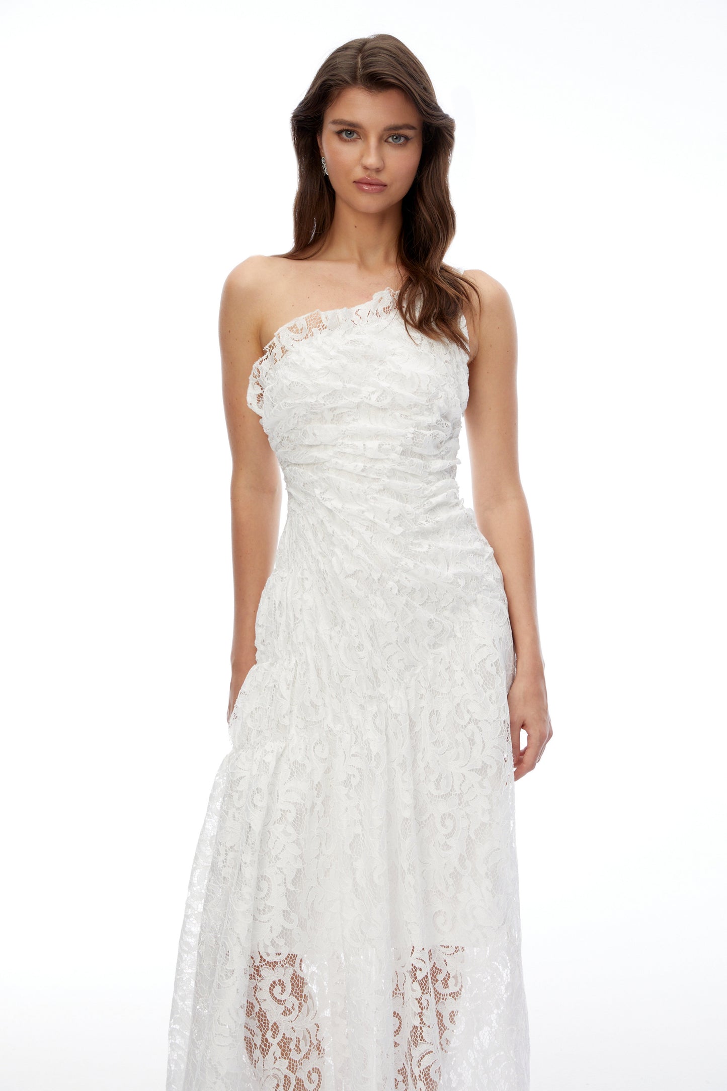 Nathalie White Floral Lace Ruched Maxi Dress