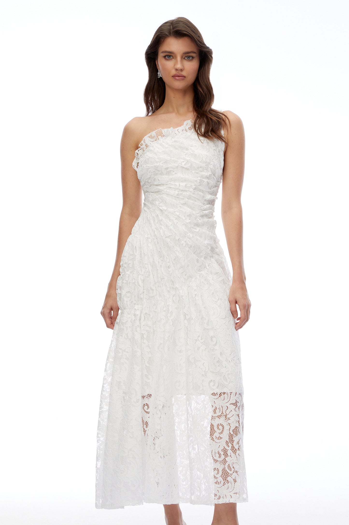 Nathalie White Floral Lace Ruched Maxi Dress