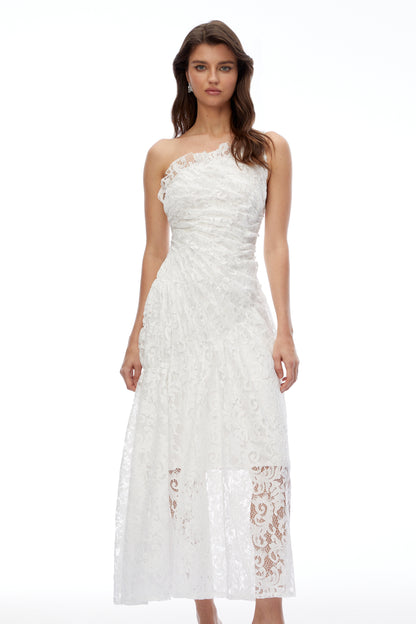 Nathalie White Floral Lace Ruched Maxi Dress