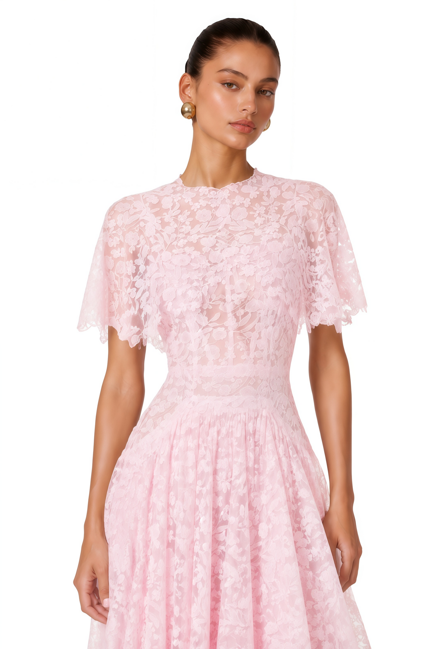 Nela Pink Pleated Maxi Dress with Lace Cape