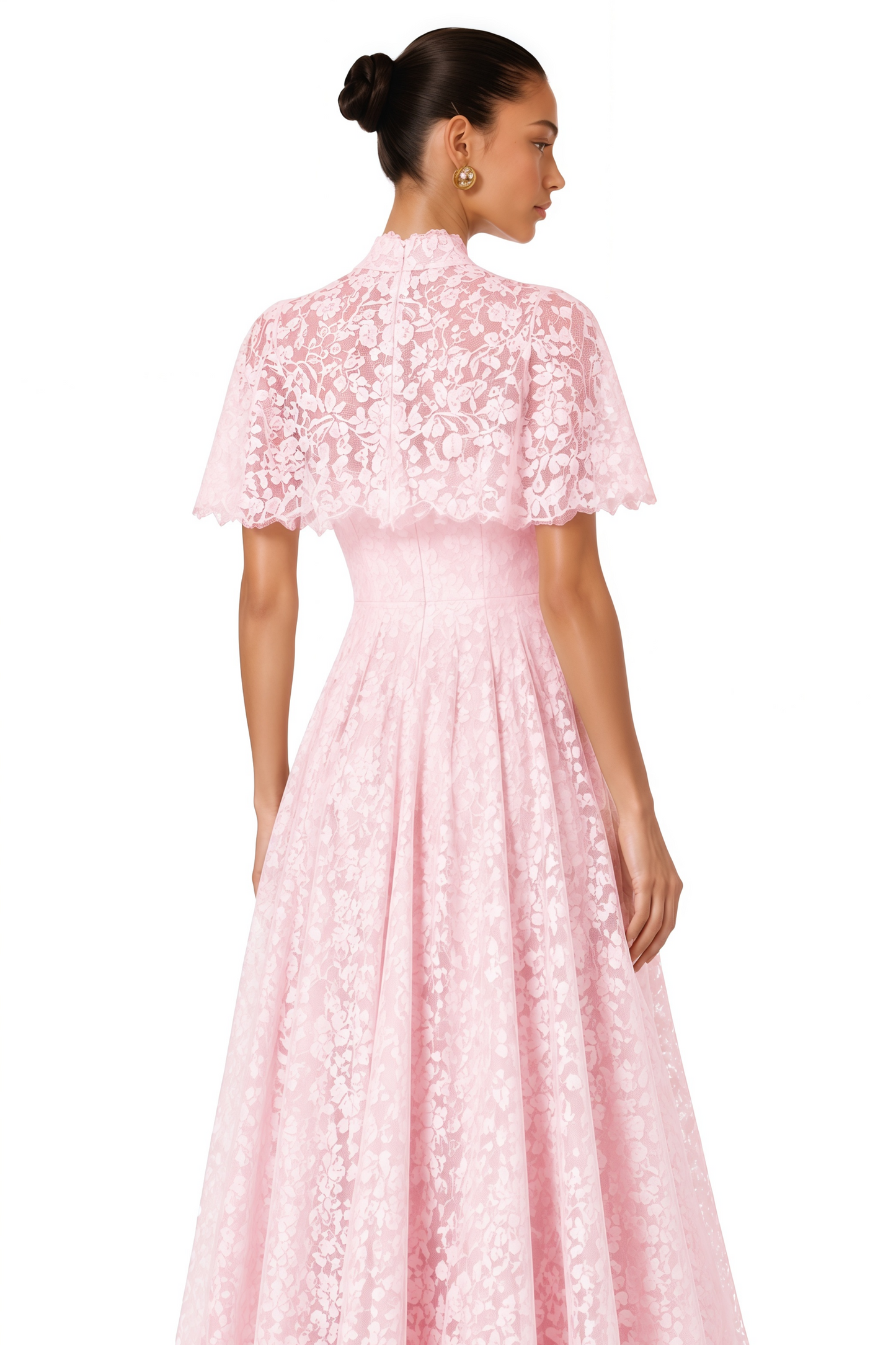 Nela Pink Pleated Maxi Dress with Lace Cape