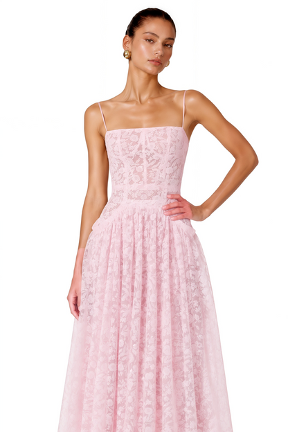 Nela Pink Pleated Maxi Dress with Lace Cape