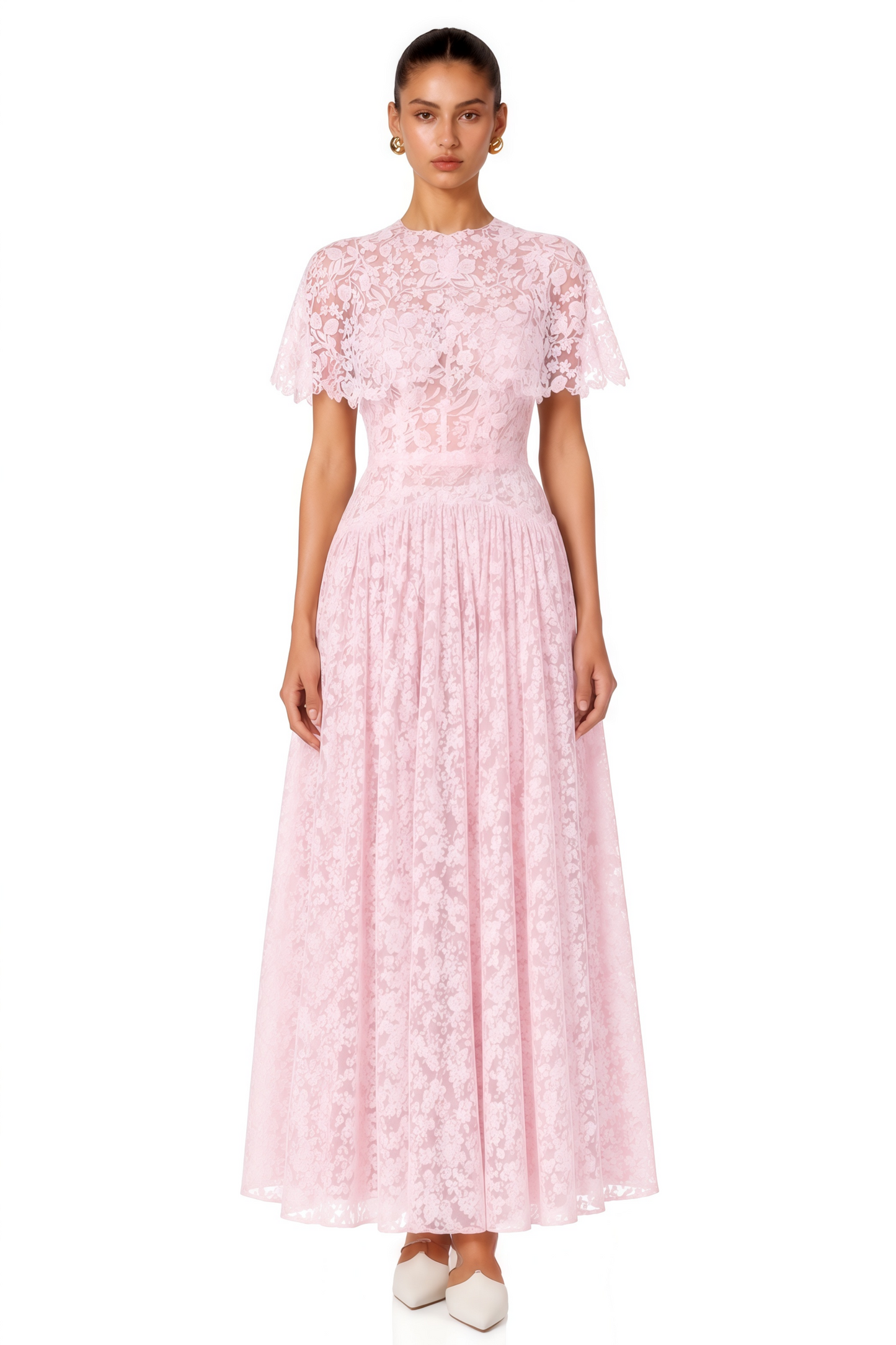 Nela Pink Pleated Maxi Dress with Lace Cape
